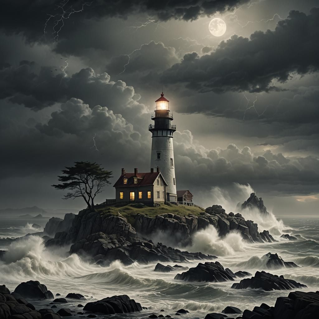 1 light house on a rocky shore in a stormy night with fog ob...