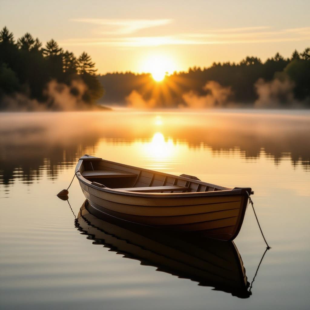Serene Sunrise Rowboat on Calm Lake