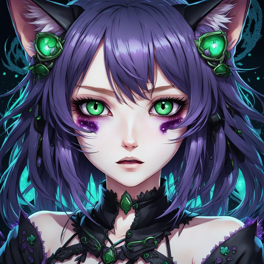 Kawaii blood neko girl with green eyes, black purple and blue - AI ...