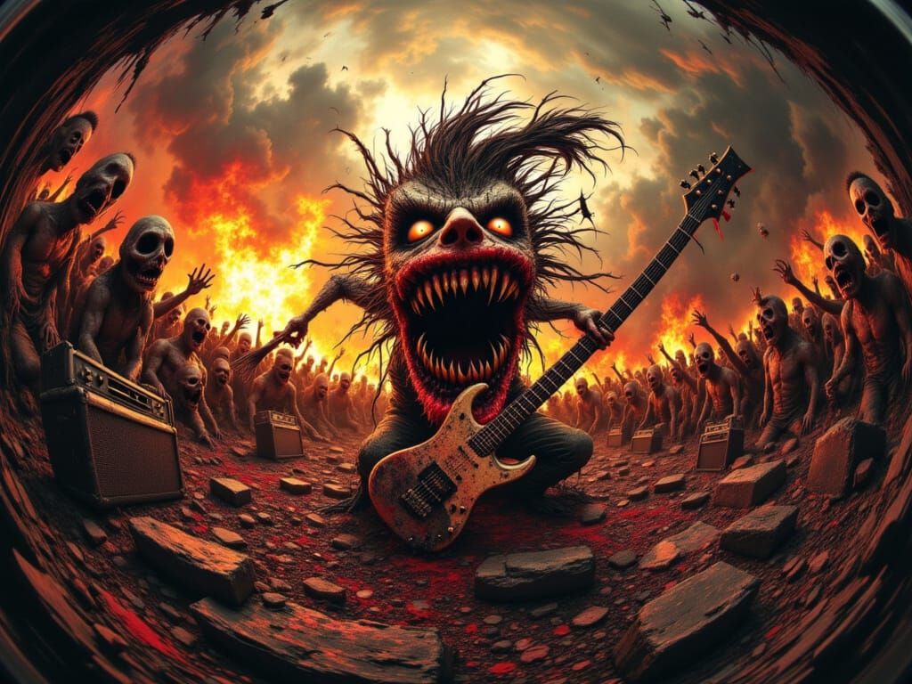 A wild, chaotic scene erupts like a living heavy metal album cover. In the center, a fierce rocker—an axe-grinder with a face twisted into a...