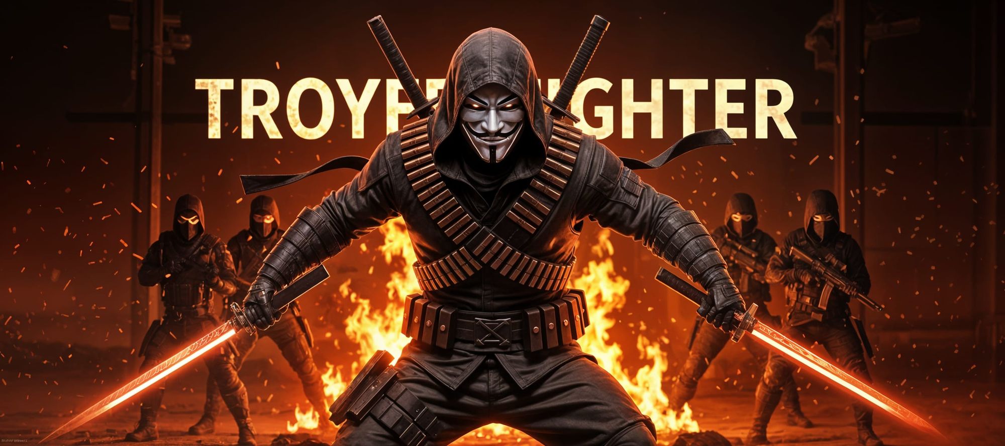 "Troy Fighter" makes a fierce, "Anonymous mask" wearing, HOODED warrior in full fury, wearing two guns in holsters, three full bullet belts,...