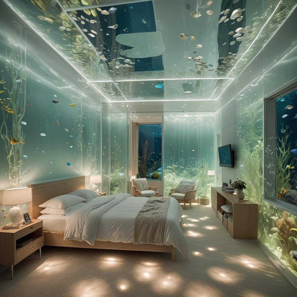 translucent polycarbonate bedroom, underwater glowing