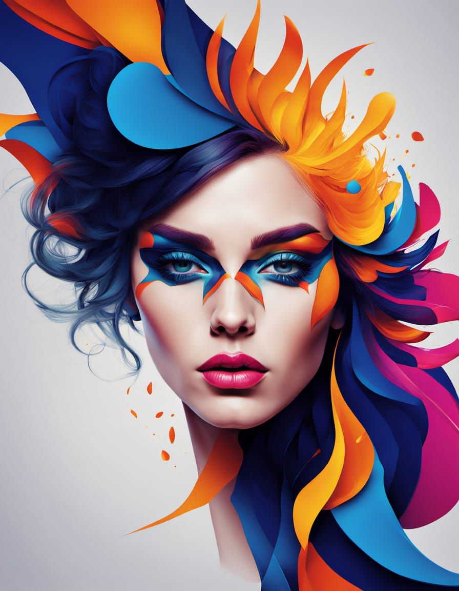 Abstract Neon Portrait of Woman with Geometric Design