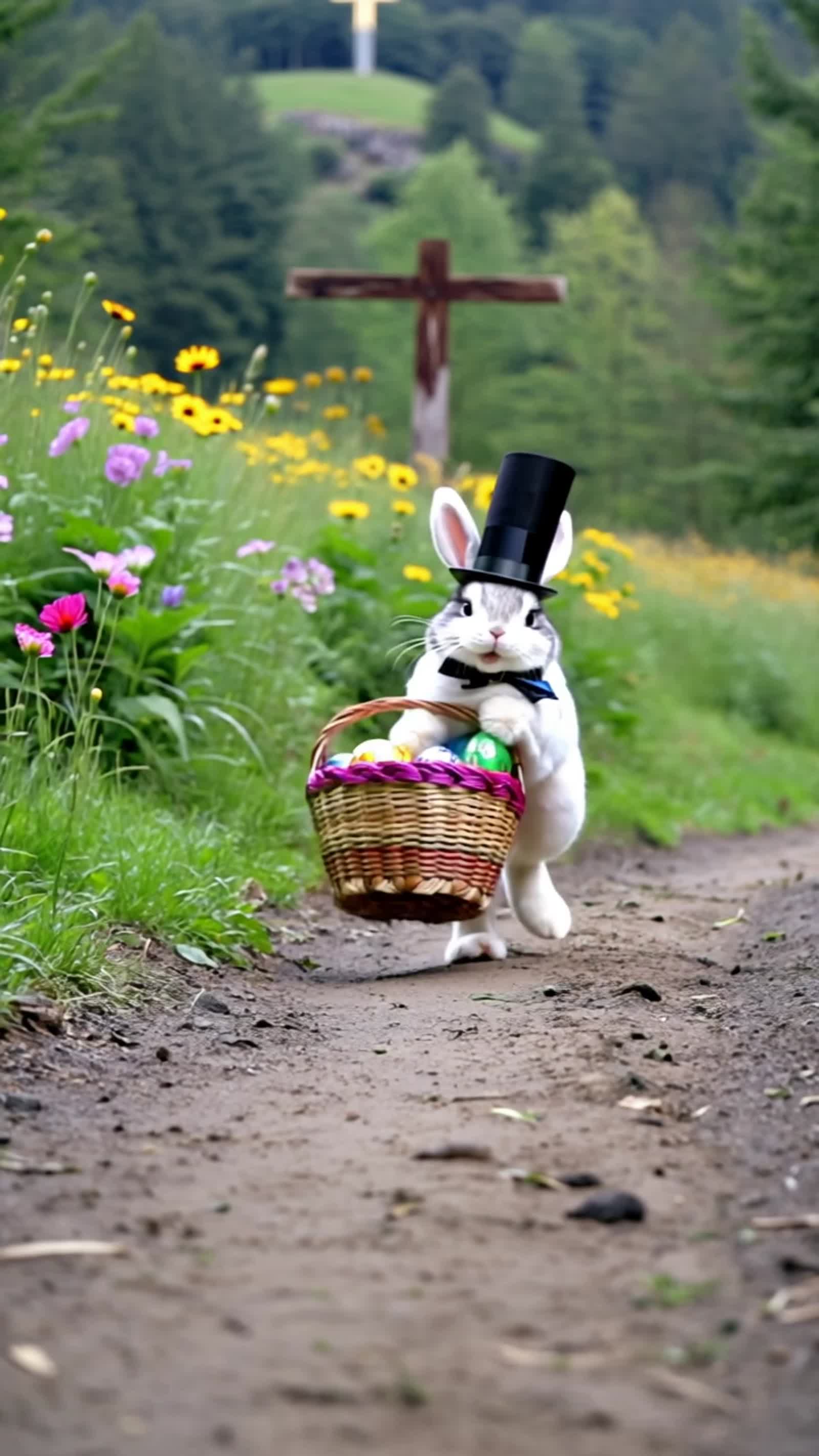 A sharply dressed Easter bunny with tophat, carrying a basket of colorfully decorated Easter eggs, is joyfully skipping ...