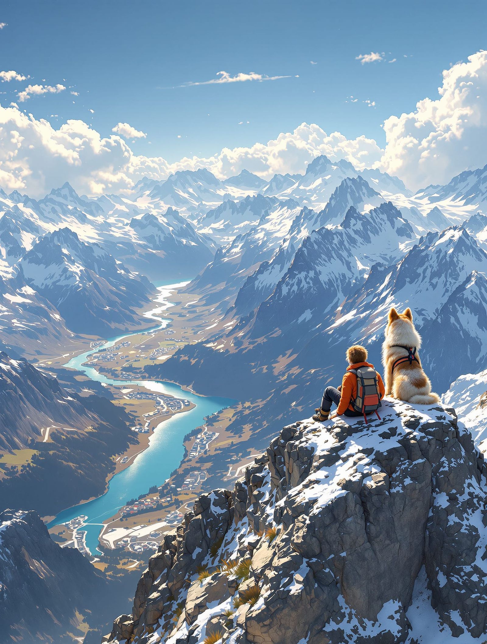 A mountaineer and a Bernese Mountain Dog sit atop the pinnacle of a snow-dusted granite peak, gazing ...  by @morr5750