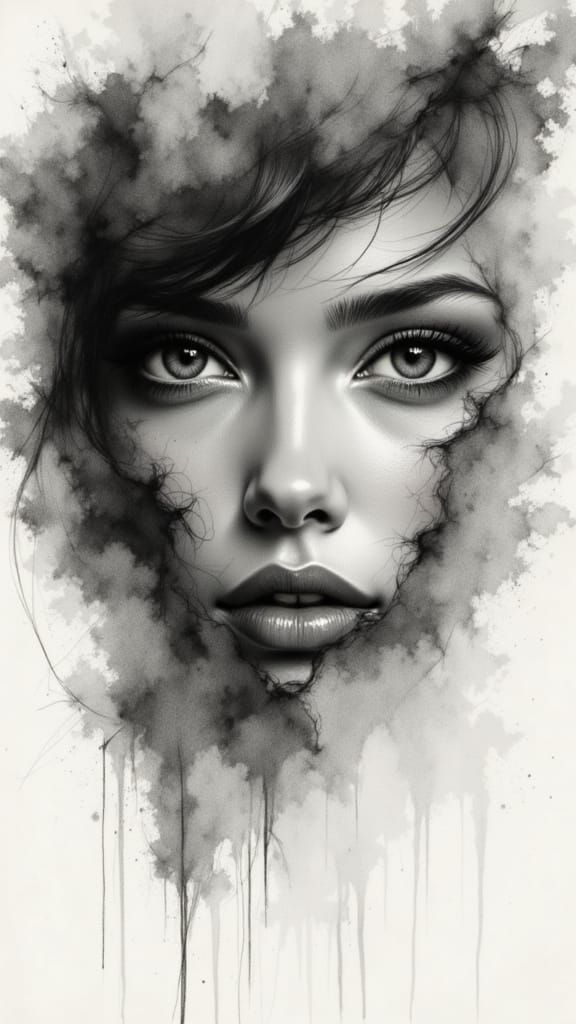 Ethereal Woman's Face in Charcoal Drawing Style