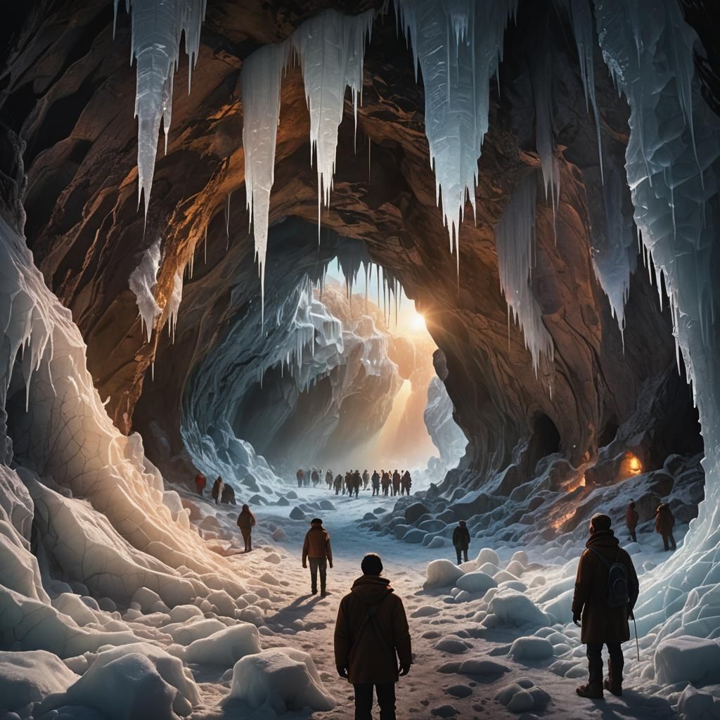 Man Hiding in Icy Cave at Sunset: Matte Painting