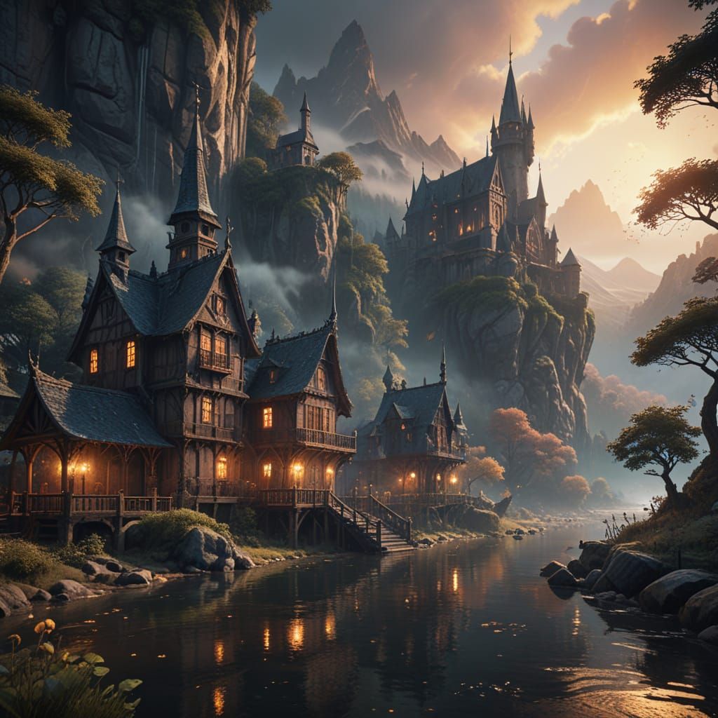 Masterpiece concept art of a serene riverside village with intricate gothic-inspired wooden house