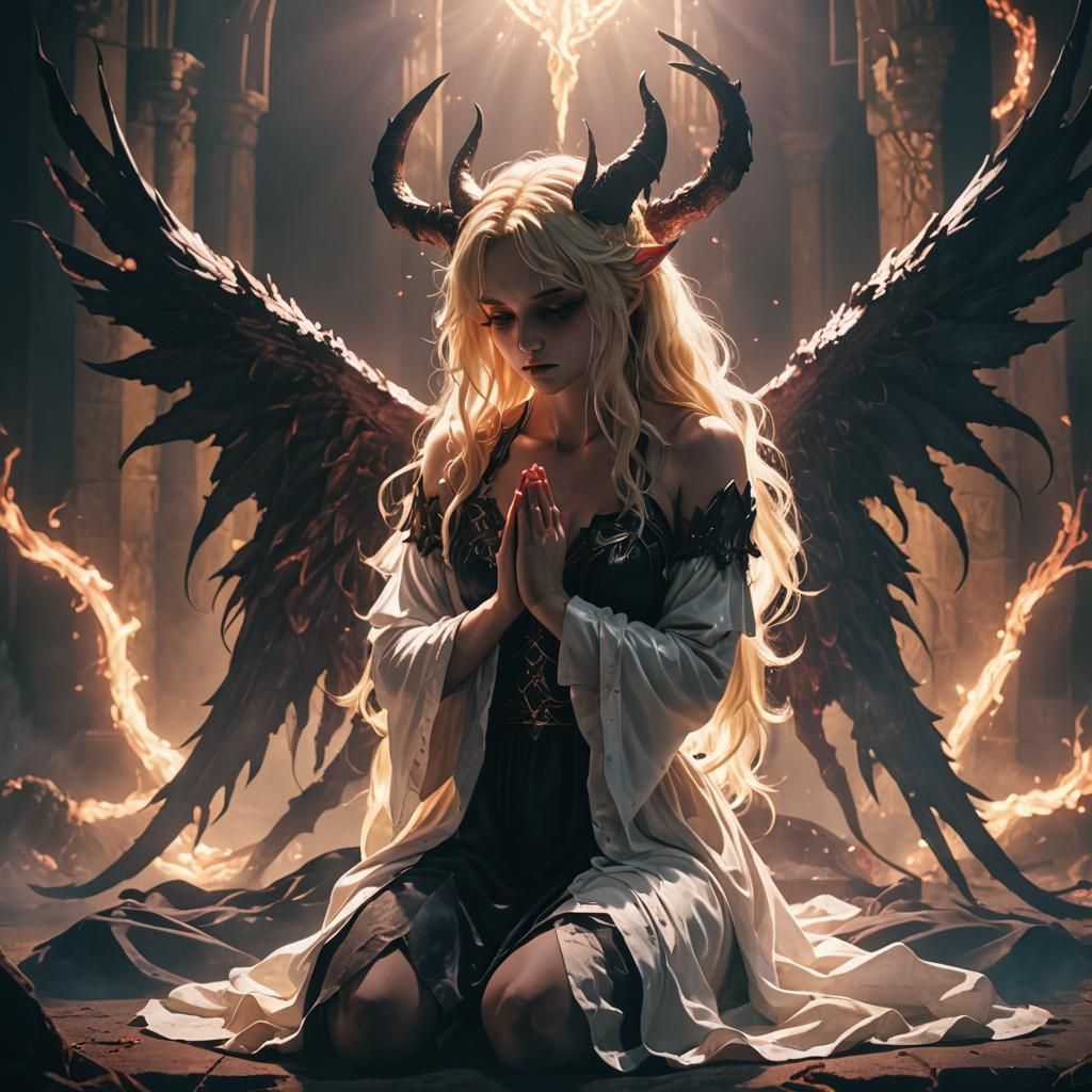 gigantic horror bloody demonin knees pray over a beatiful bl...