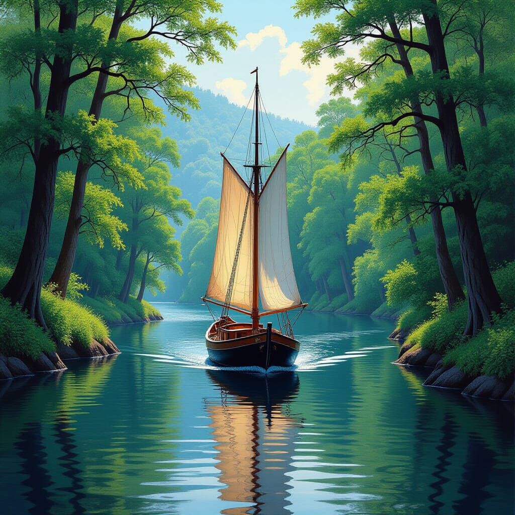 Imagine a scenic painting that captures the calm journey of a small two-masted sailing vessel navigating the narrow Iura River estuary. The ...