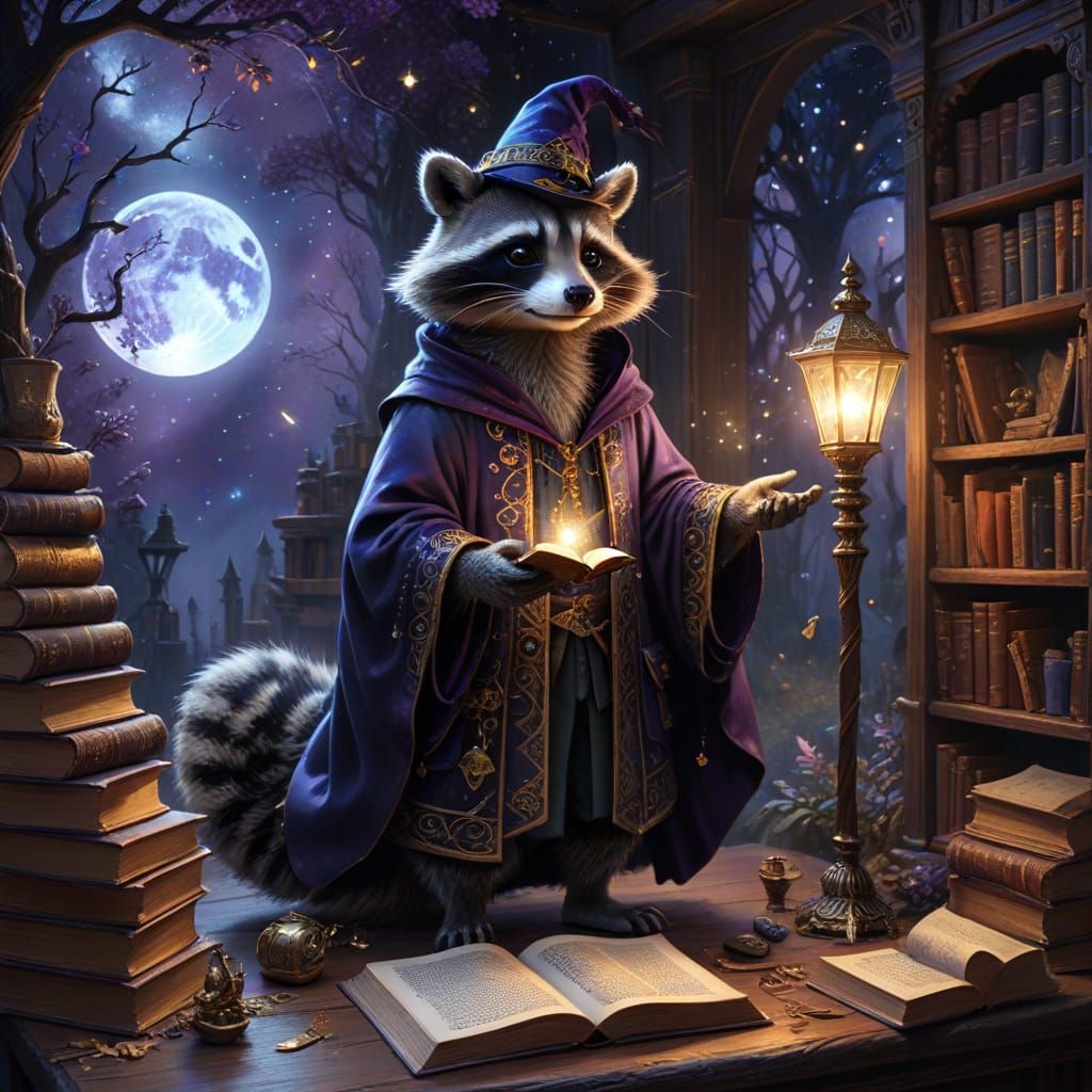 Raccoon Magician in Mystical Study Oil Painting