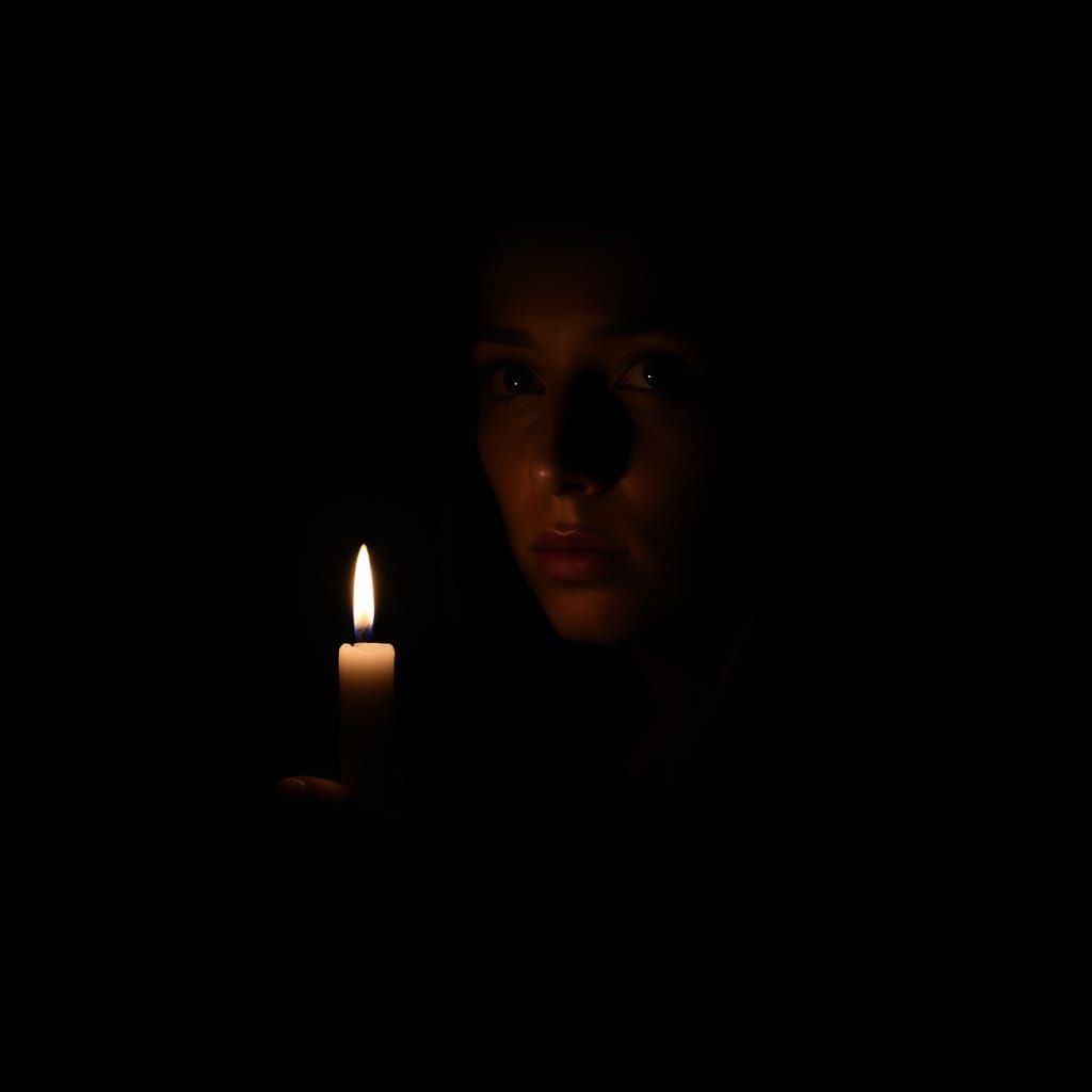 A small candle in a dark room, dimly lit young woman.  by @PresidentStone