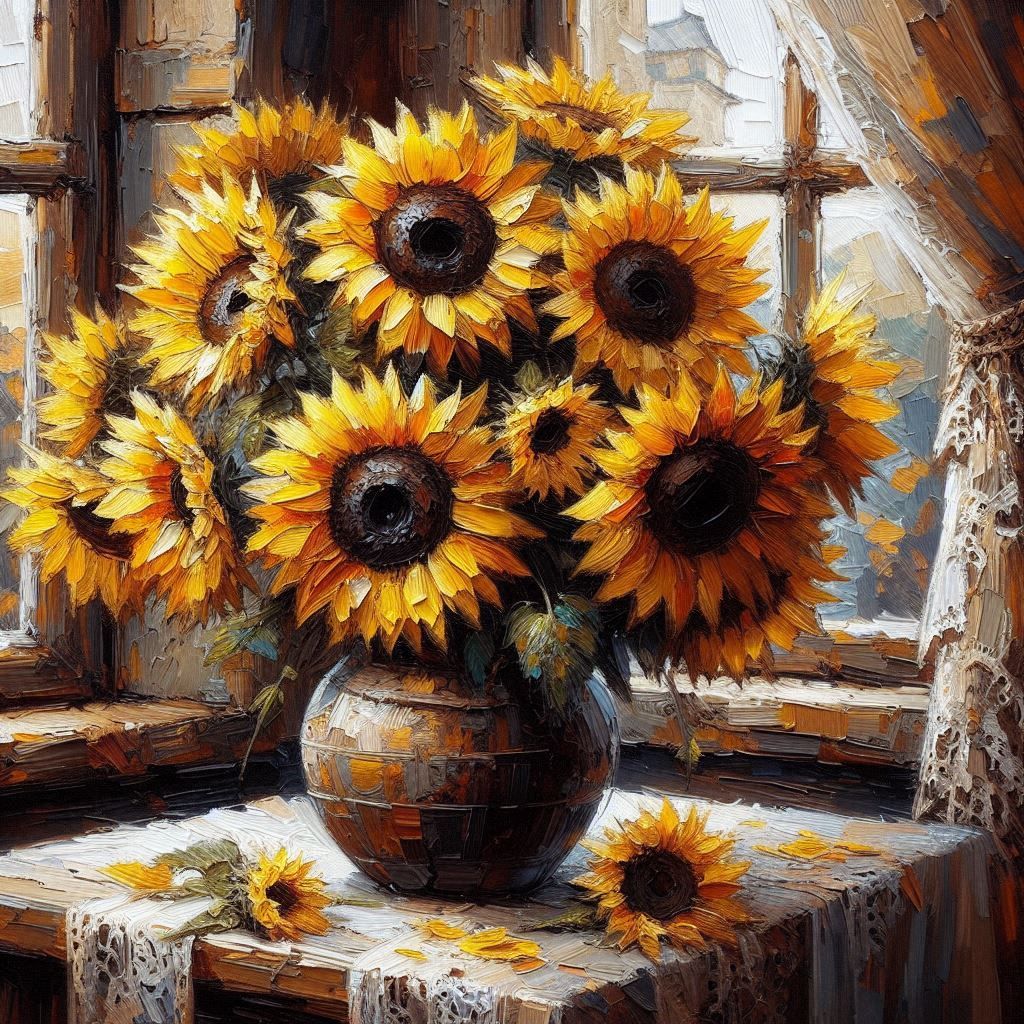 Sunflowers in oil painting rustic style
