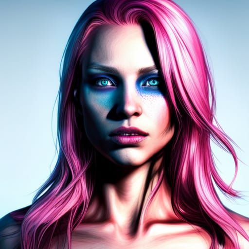 Cyberpunk, Female, neon eyes, blue makeup, pink hair, wide face, square jaw, heroic, big lips, wide nose, pale skin, Cyb...