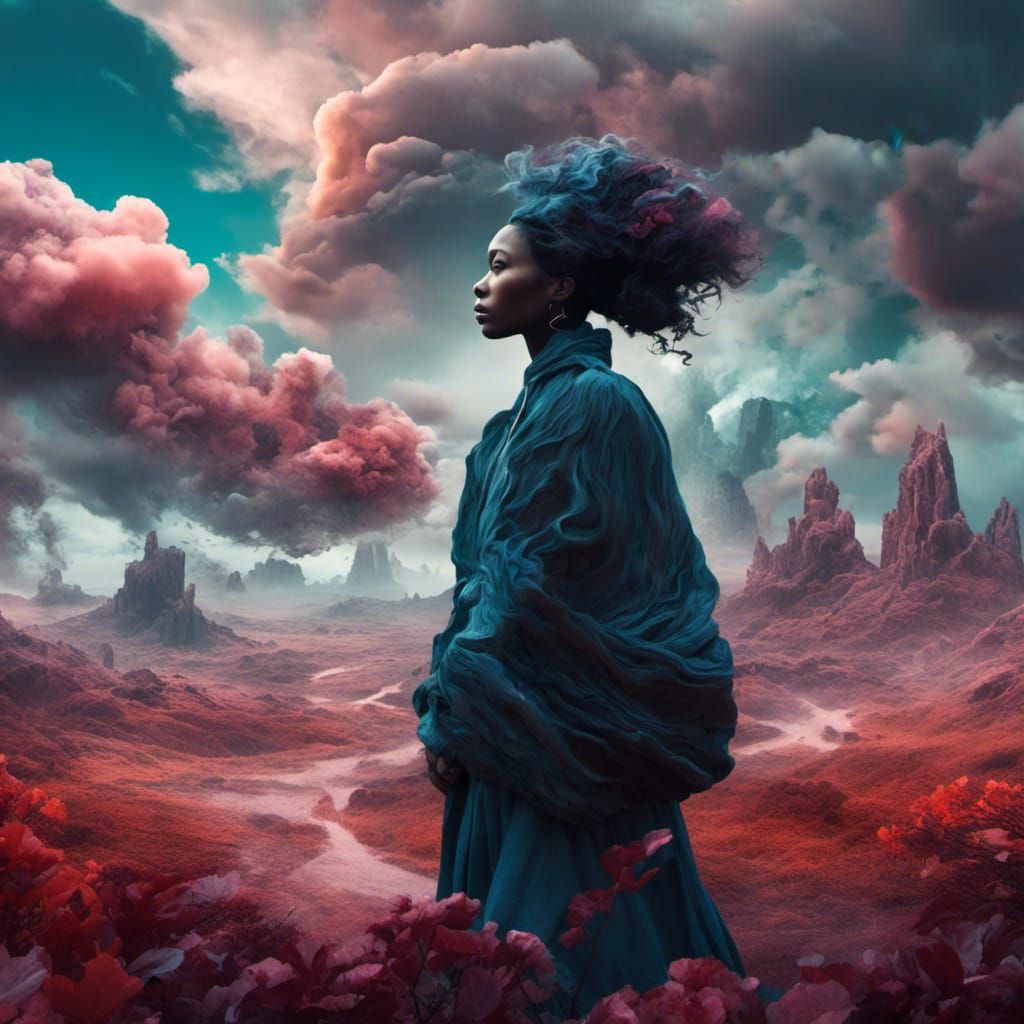 <lora:azuren:1.0> Double exposure of a dark woman walking in a surreal landscape and cloudy thoughts on her mind detailed matte painting, de...