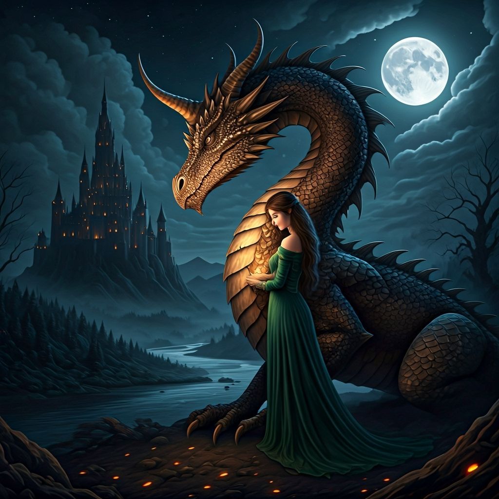 Beautiful dark haired woman in a flowy green dress riding on a Majestic green and yellow eyed dragon with a big castle in the background wit...