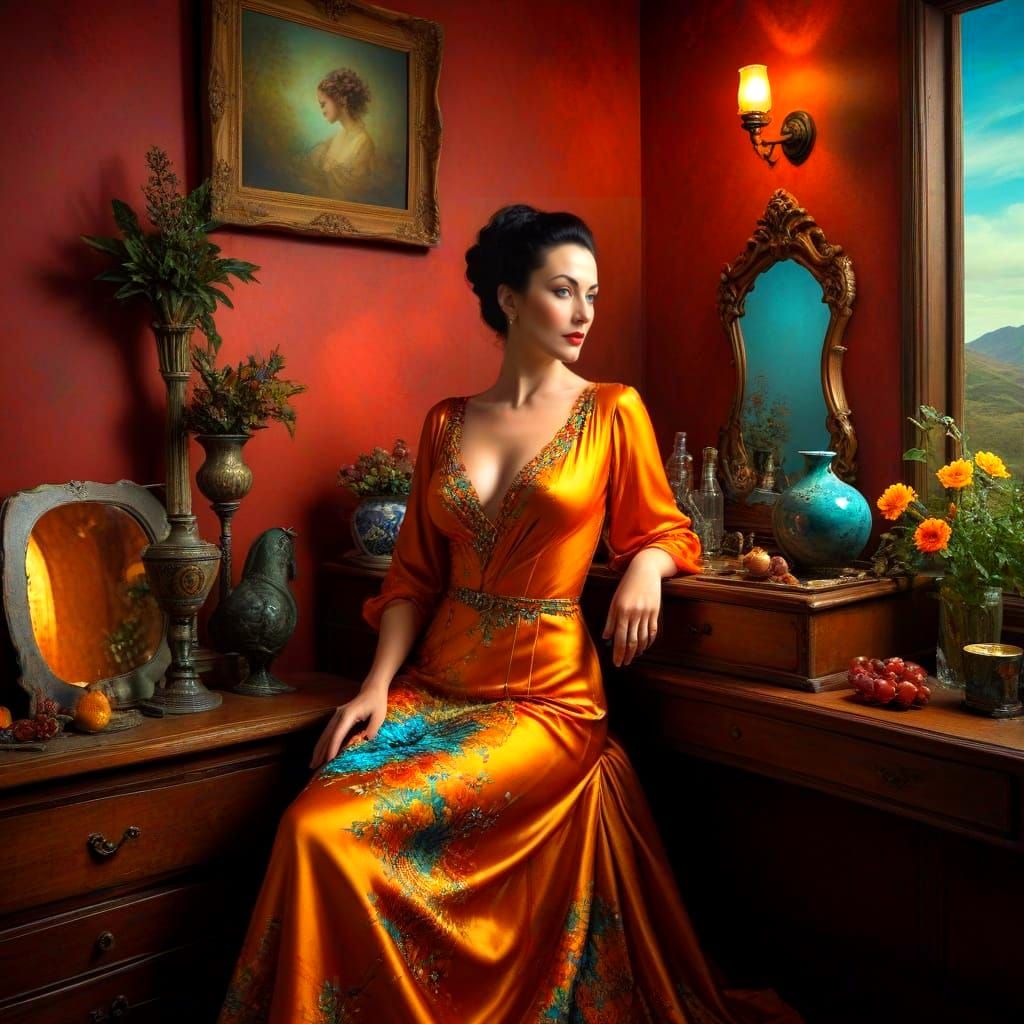 Elegant Lady in Vibrant Surreal Landscape