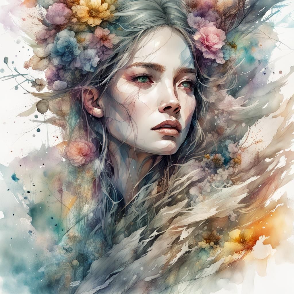 Pretty girl with watercolors flowers in her head - AI Generated Artwork ...