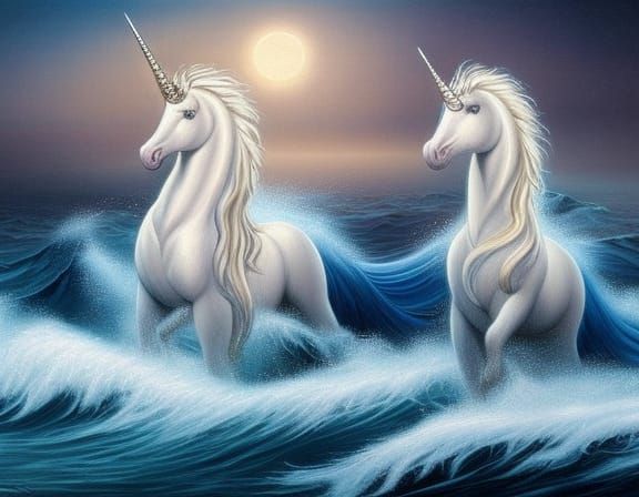 Unicorns swimming at night