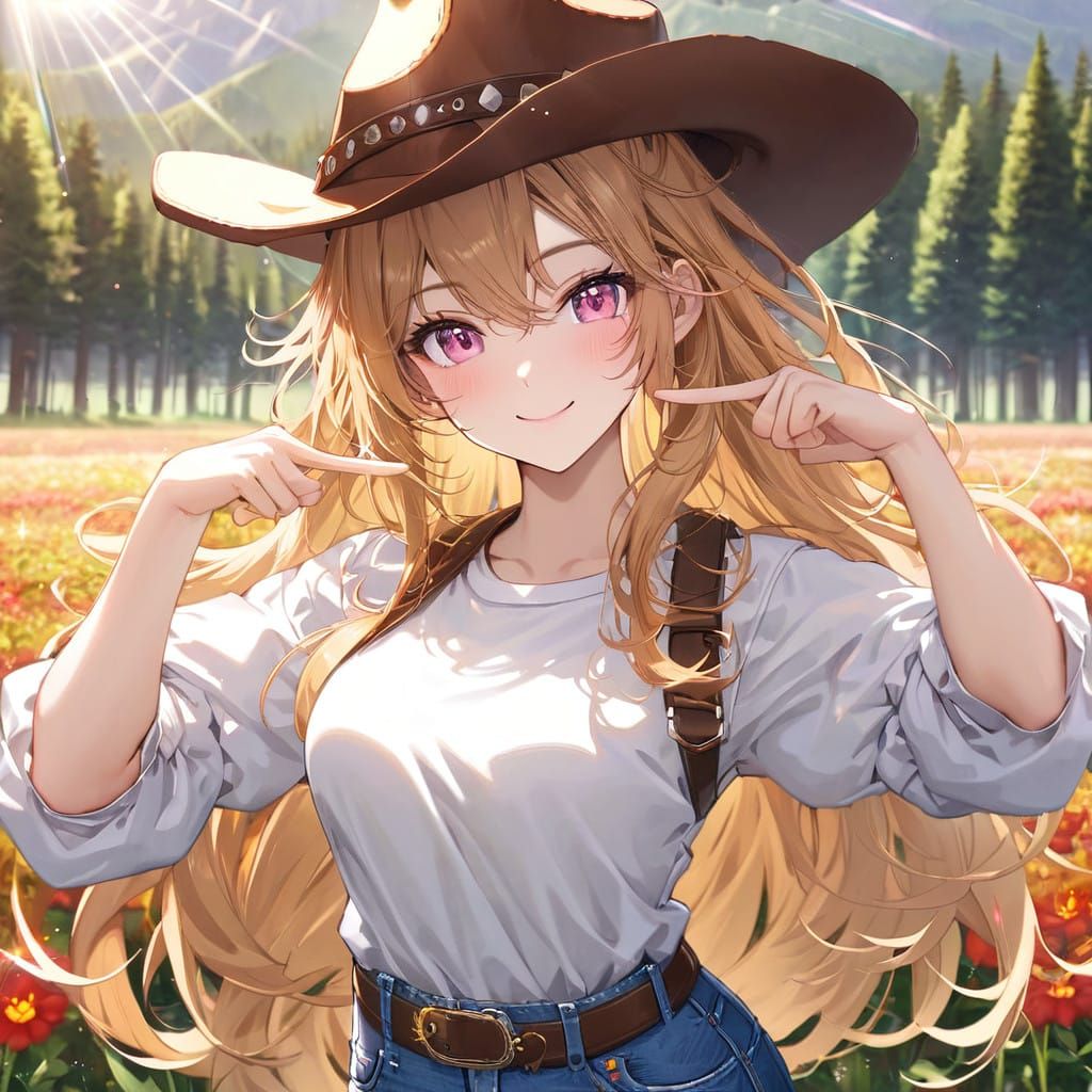 Adorable Honey Blonde Cowgirl Smiles in Field of Flowers