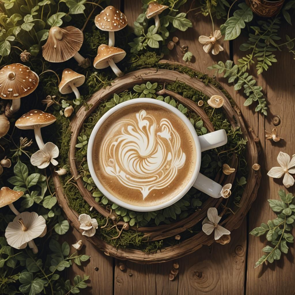 A latte with a fairy design in the milk inside a cute mushro...