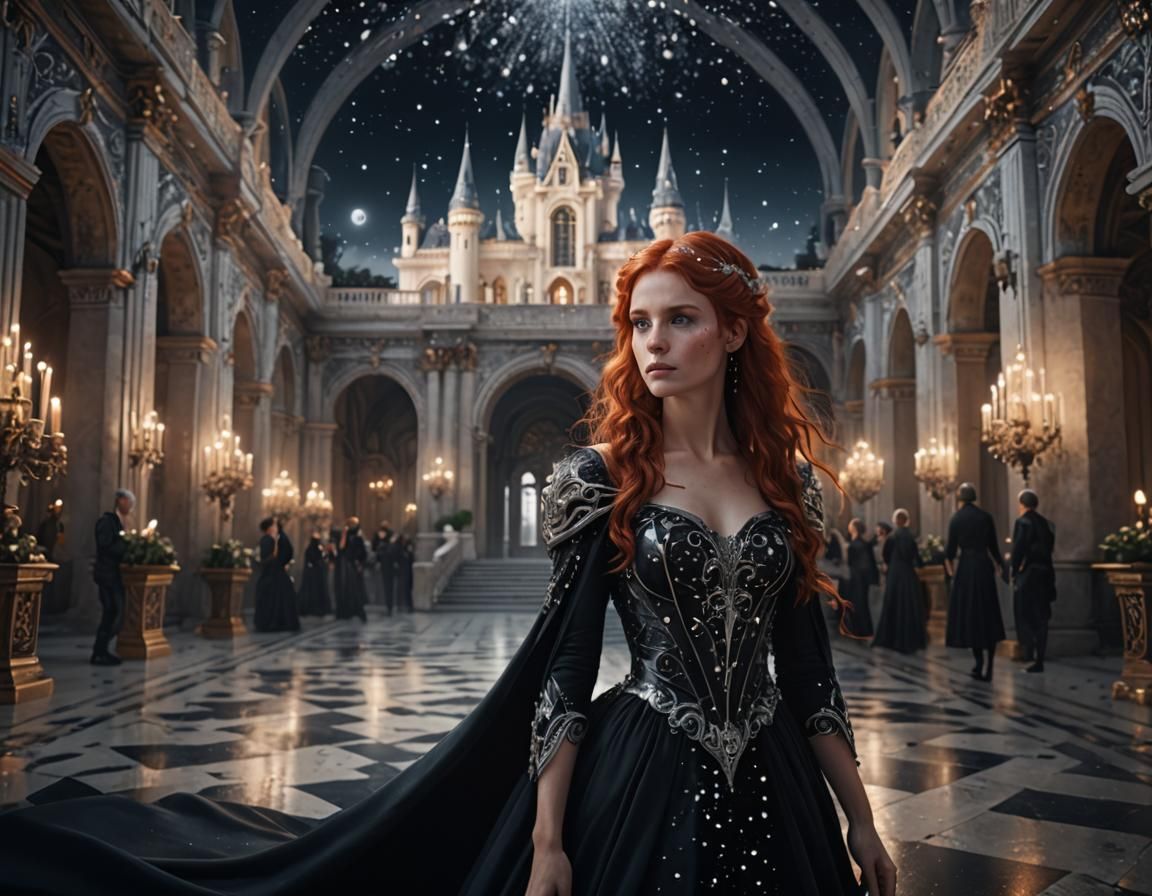 Red-Haired Fae Woman in Starry Gown at Palace