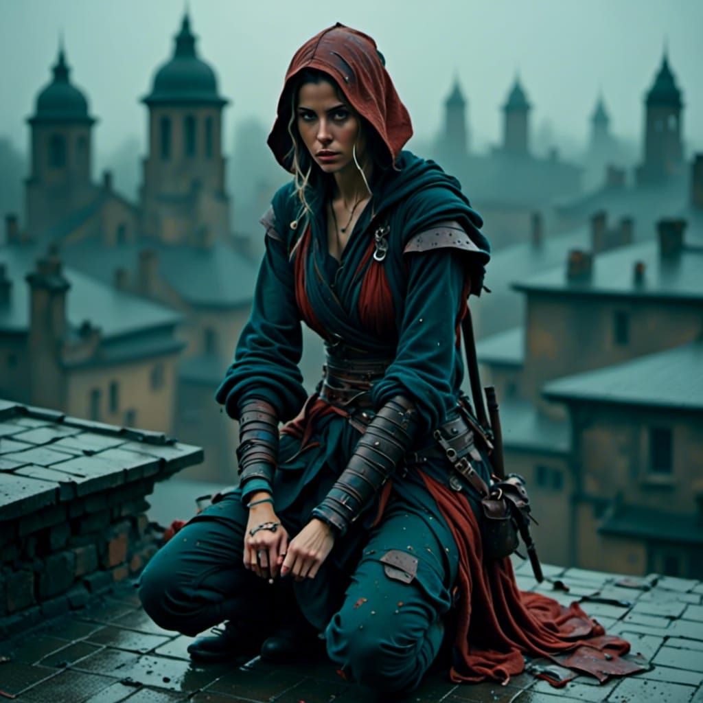 <lora:The Ideal:1.0> <lora:Dangerous Beauty:1.0> A digital assassin crouches on a rooftop in the rain, ready to strike