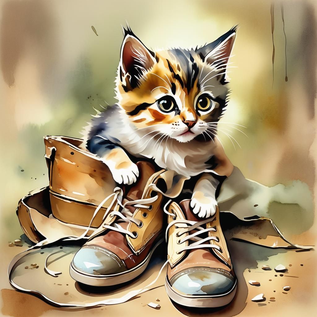 gatito asustado en un zapato viejo