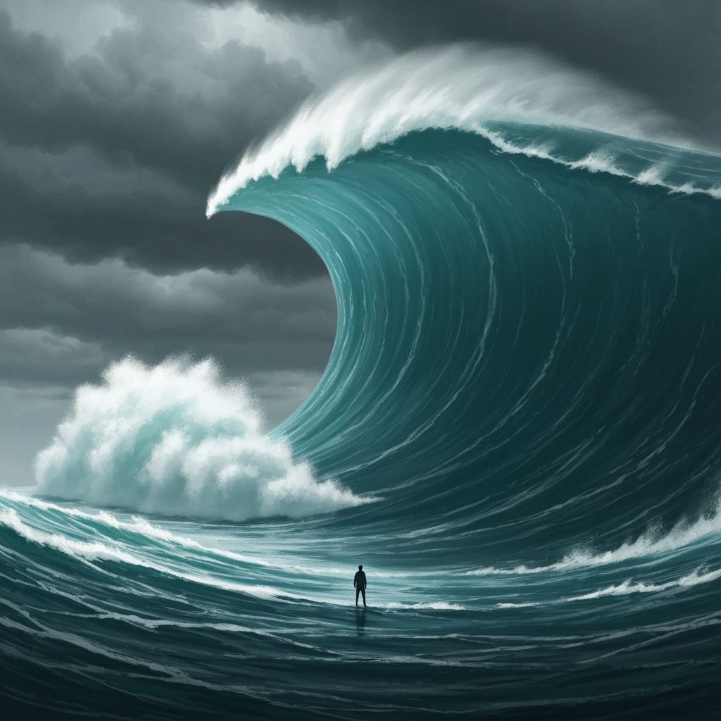 Tiny Figure Faces Colossal Tsunami Wave