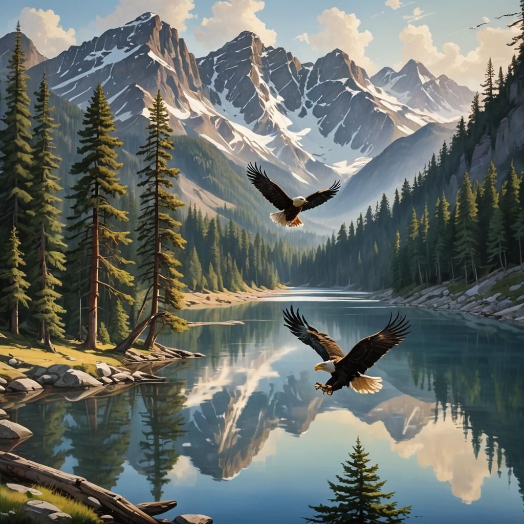 "In the serene beauty of a mountain valley, a tranquil lake ...