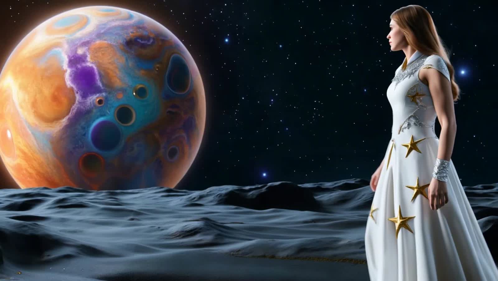 I would like to see Wendy my model viewing that planet from a distance on a distant planet The colors and beautiful oran...