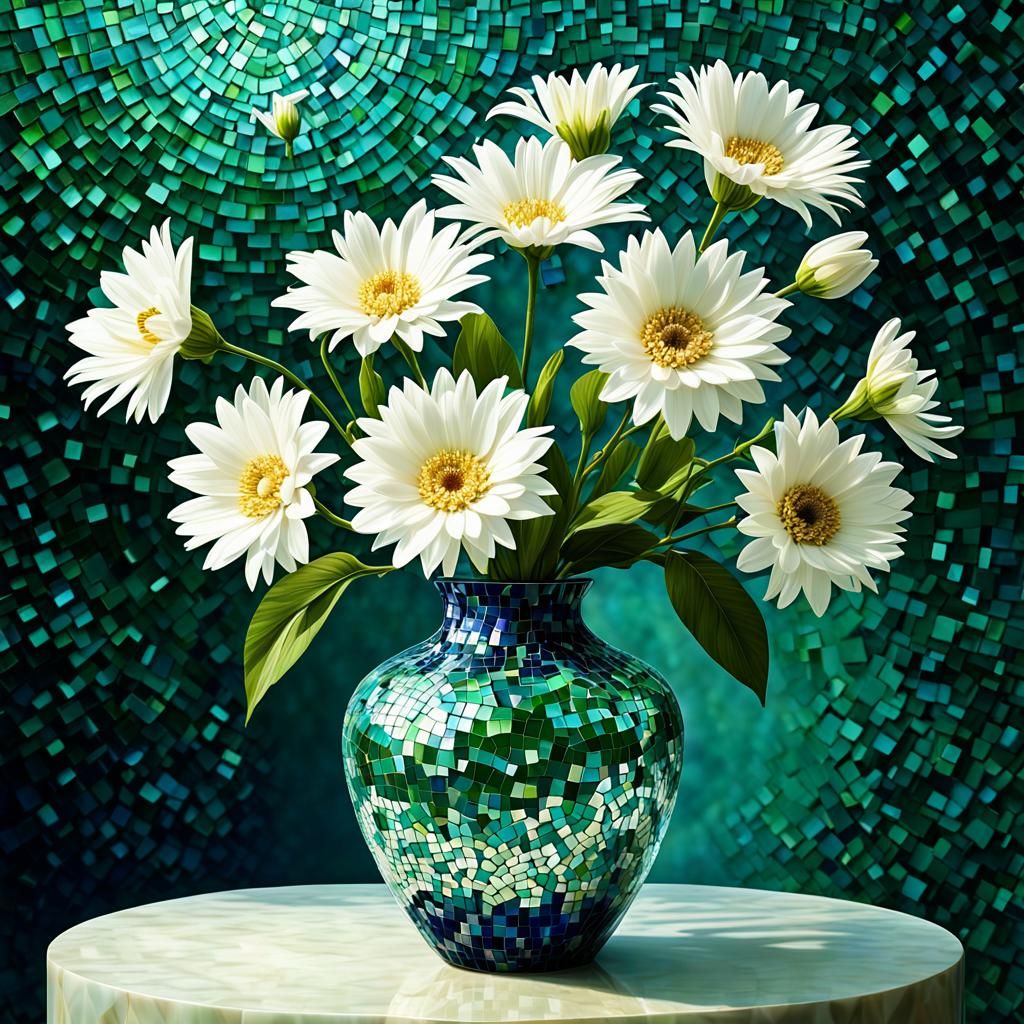 White mixed flower in a Blue green mosaic vase,round glass p...