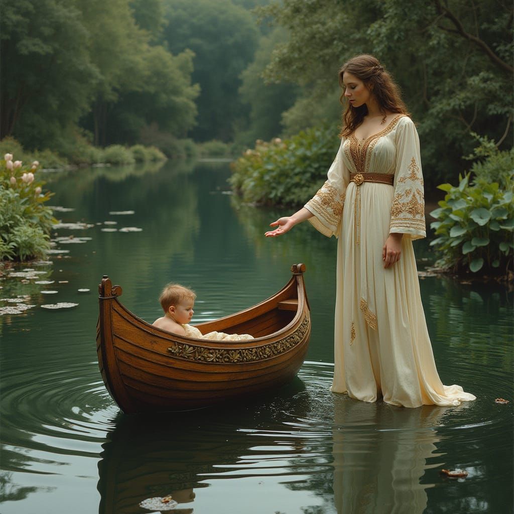 Ethereal Lake Scene with Regal Woman and Wooden Ark