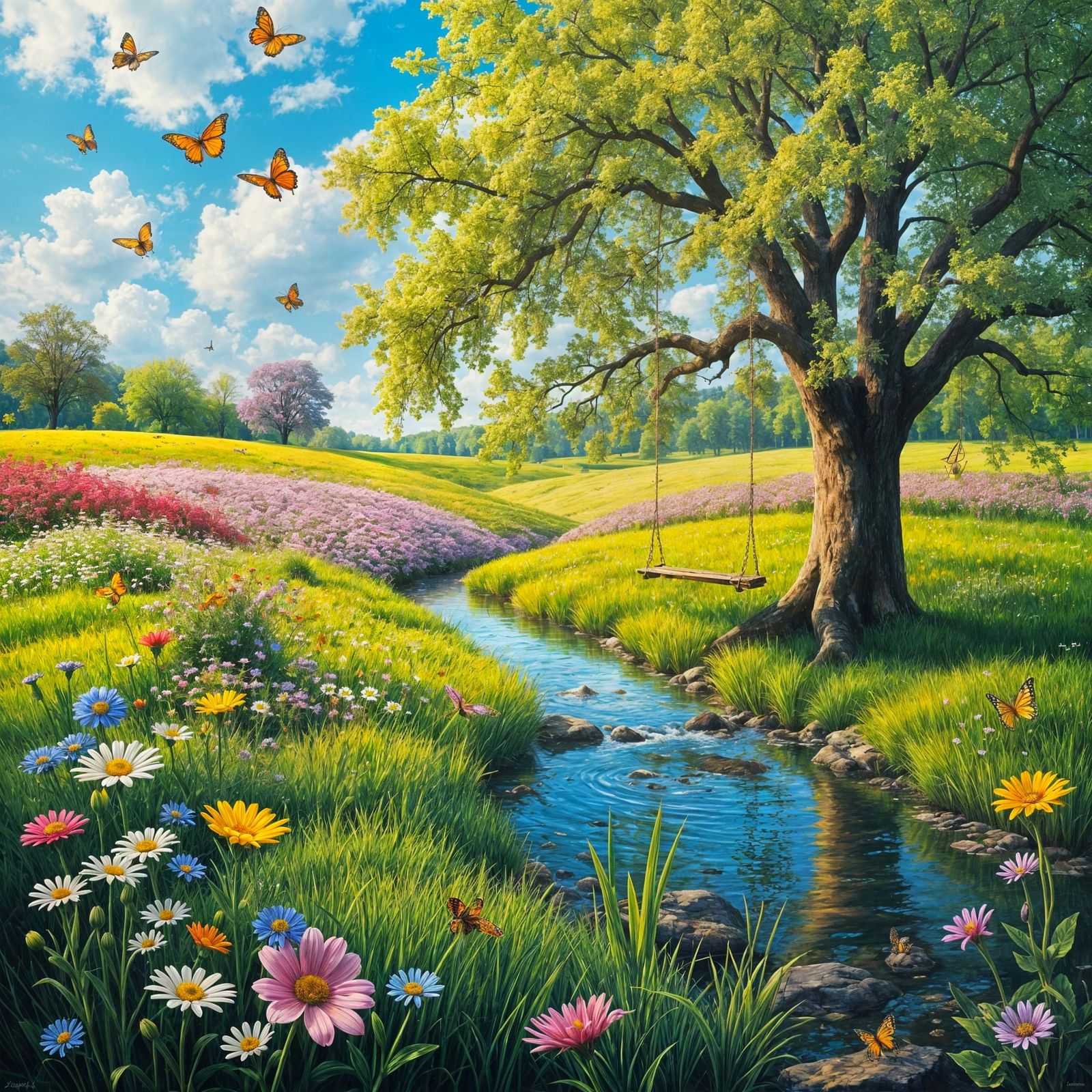 A beautiful masterpiece painting of a spring meadow with pretty flowers, butterflies, bees, and a large ...  by @Dantonio