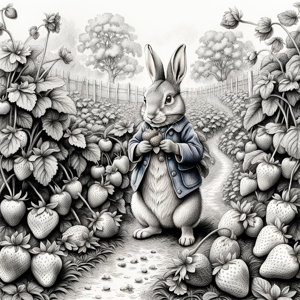 Vegetable patch with Peter rabbit eating the strawberries pencil ...
