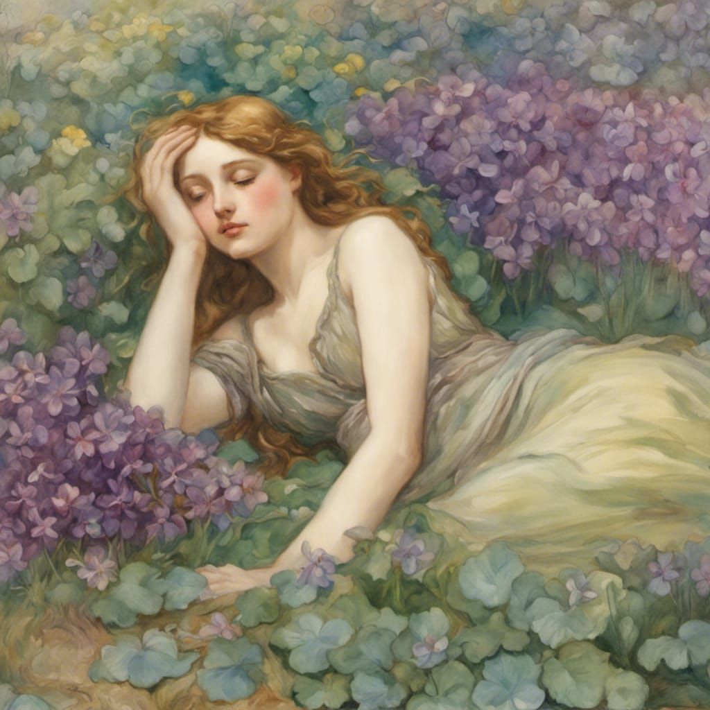 Beautiful nymph resting in field of violets water color oil