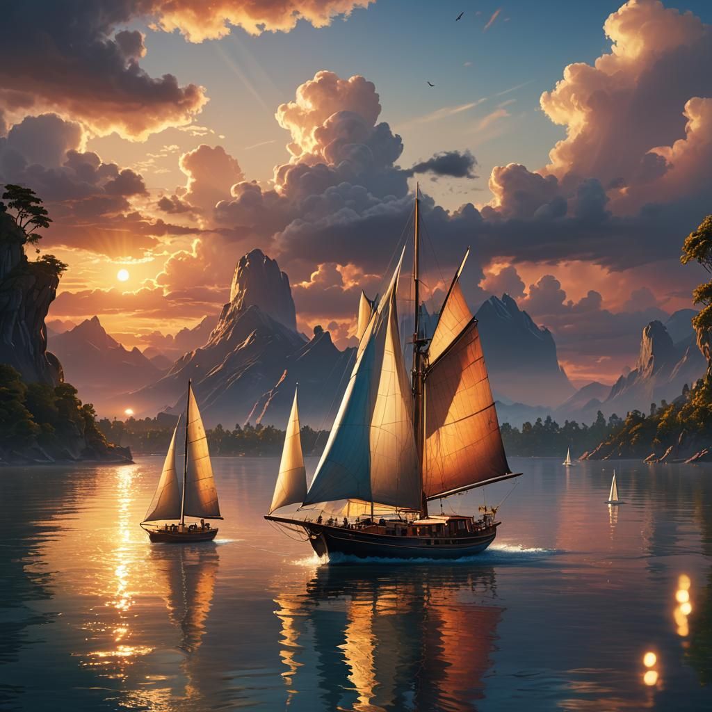 Prompt: A sailboat with billowing, translucent sails in a spectrum of colors, sailing on calm water at ...  by @Lisejana 