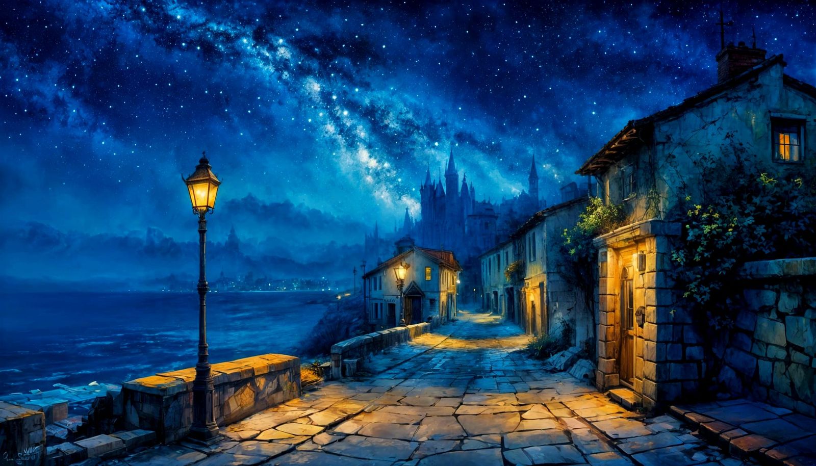 Old street in a small Mediterranean town, coast, streetlights on, no moon, starry sky, comical, Milky ...  by @Hugo Raul