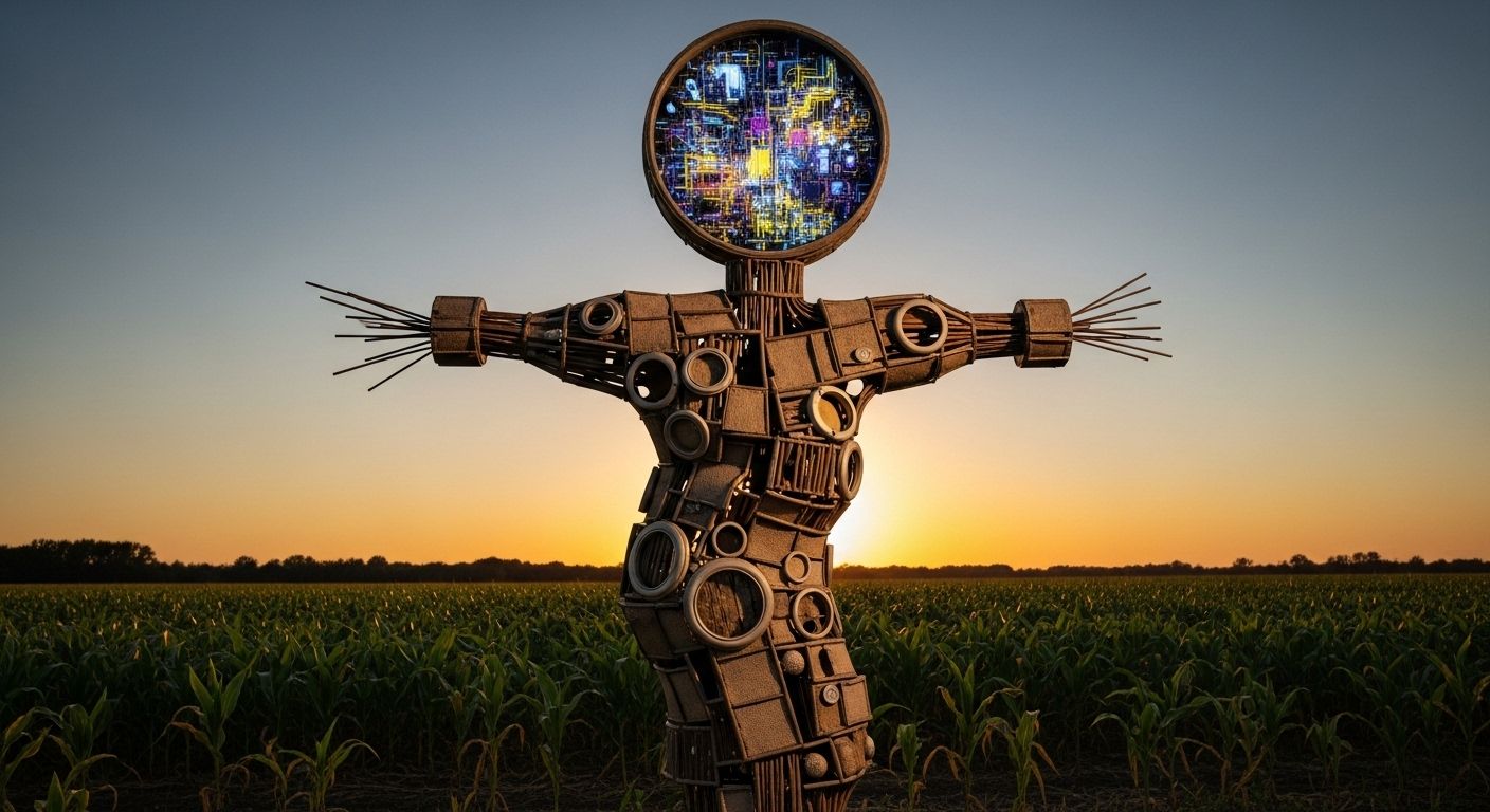 A scarecrow sculpture in a corn field #4