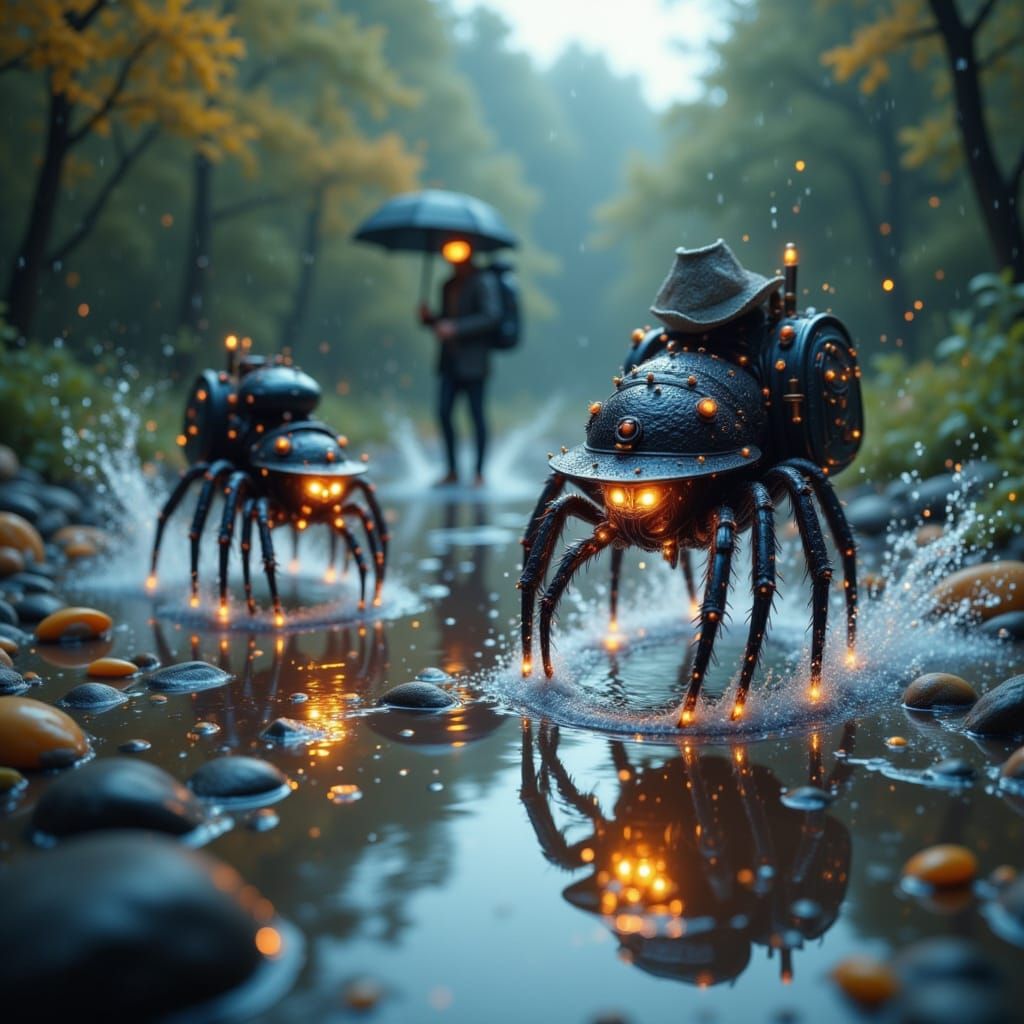 Spiders Hiking in Rain Puddle, Animation Style