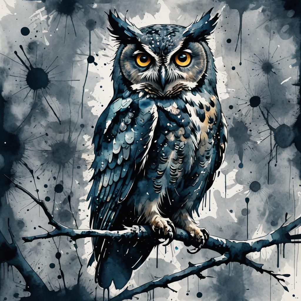 Ink Splatter Art drawing an owl  by @bibillou