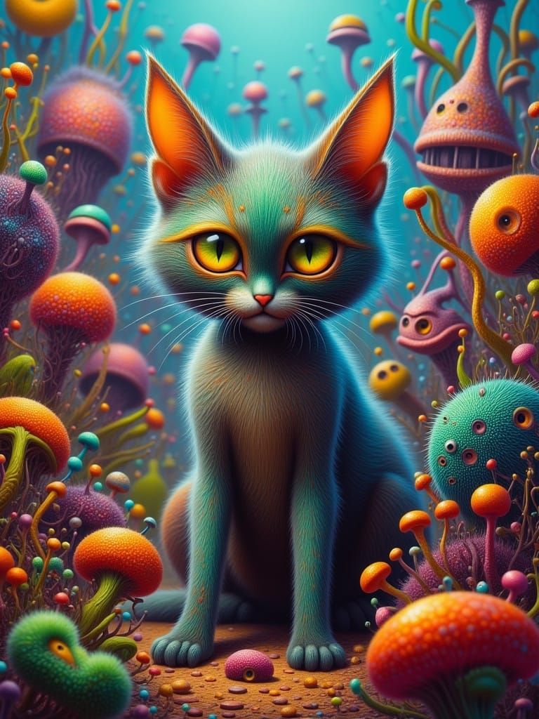 A grumpy cat sitting under a strange alien flora, whimsical alien style, detailed, cinematic fantasy <lora:Whimsical alien Flux:1.0> 