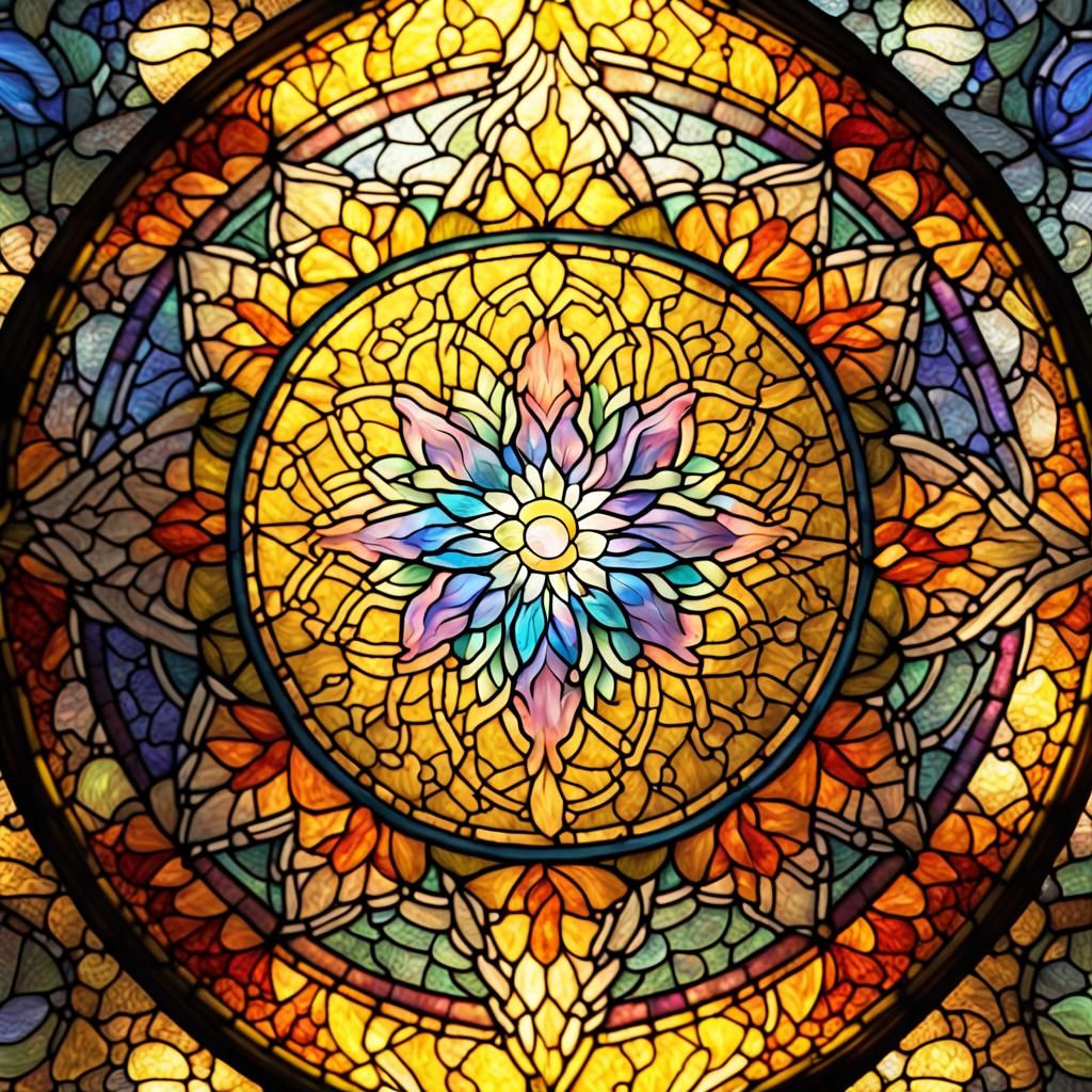 a magnificent stained glass mandala, glowing, iridescent col...