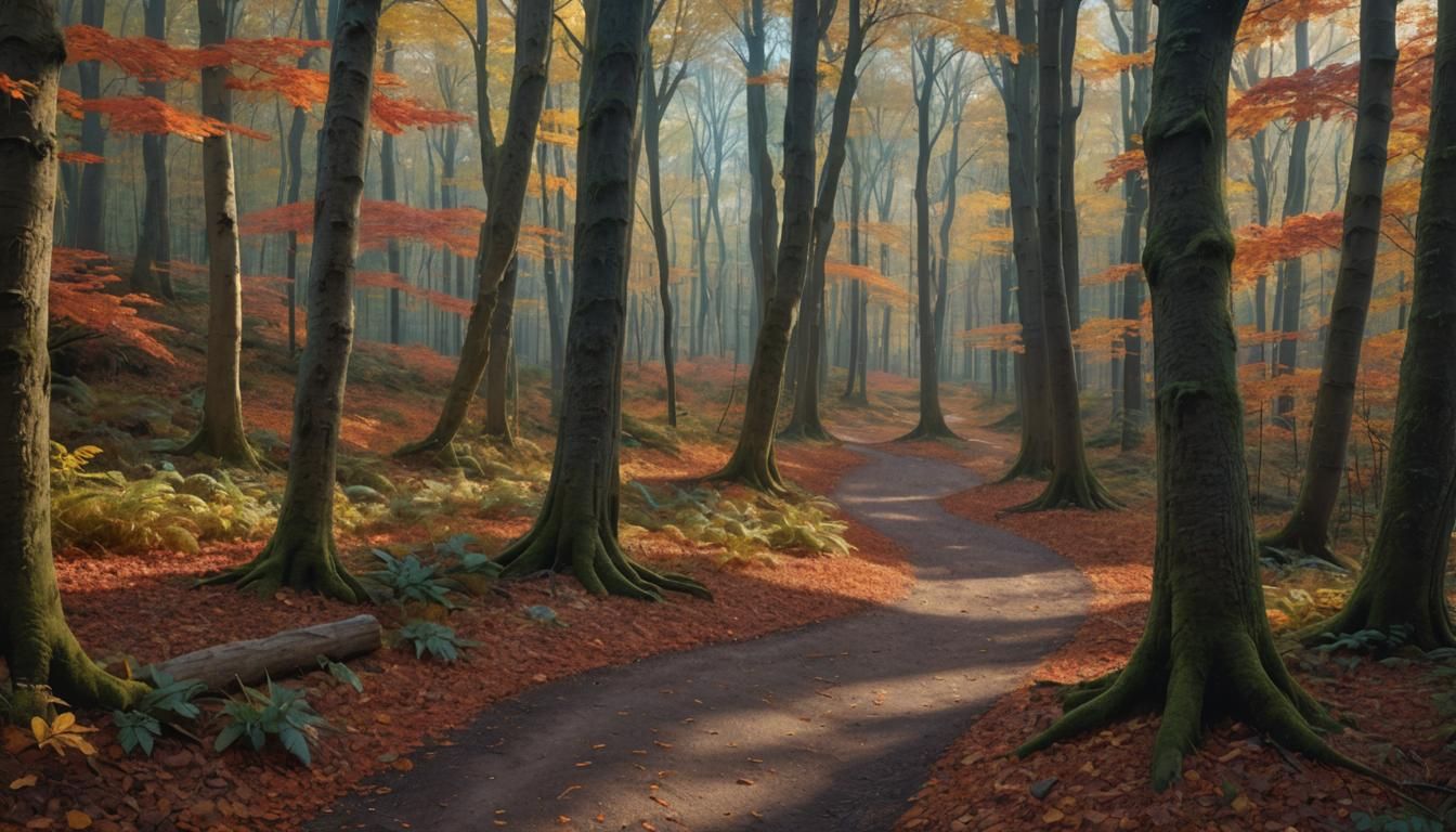 mid shot. a dirt path through the center of a woodland, autu...