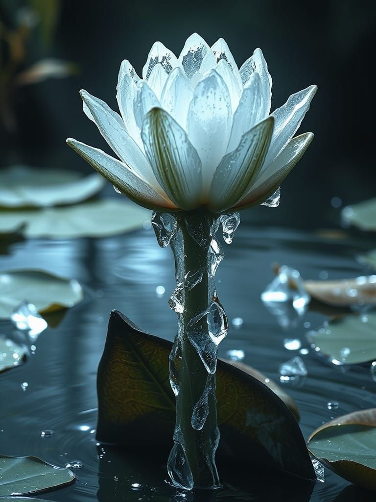 A delicate intricate beautiful water lily growing up from the pond and turning to ice in the air Epic cinematic brilliant stunning intricate...