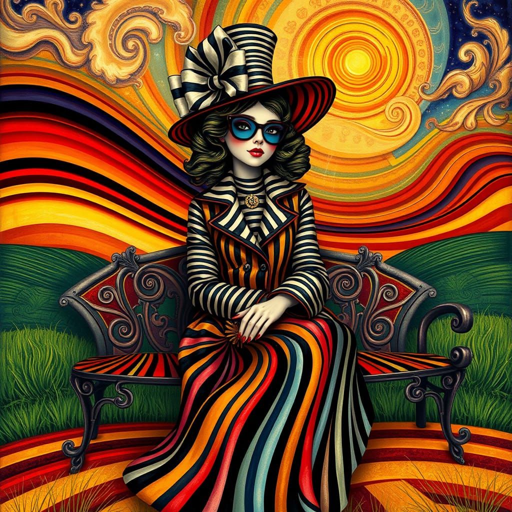 Colourful Elegant ground level angle image  of a woman made from stripes sitting on a bench. Wearing ...  by @Katharina 