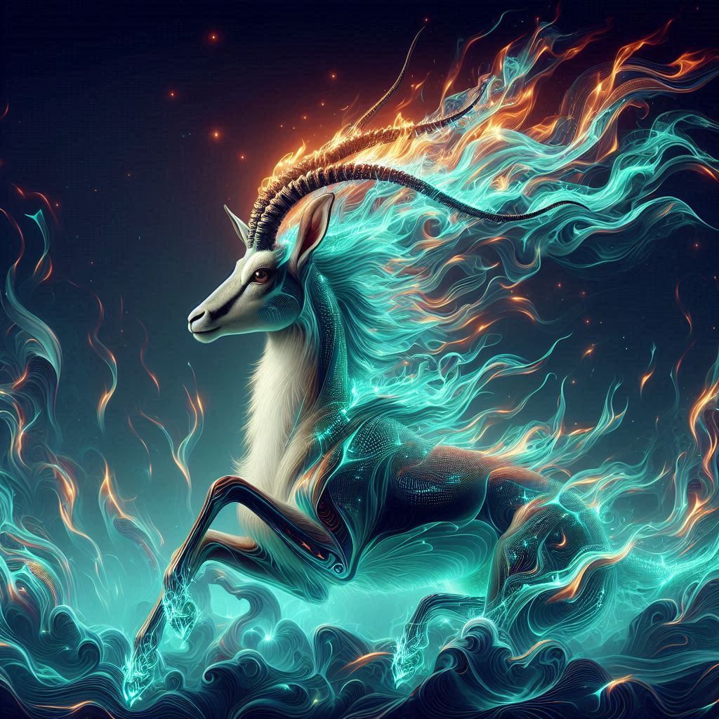 A majestic gazelle reborn from digital ashes in blazing jade holographic flames