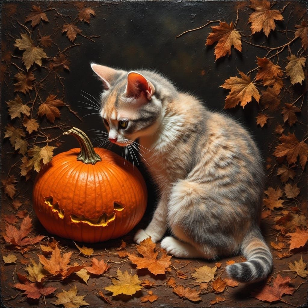 Tiny pearl cat and a pumpkin