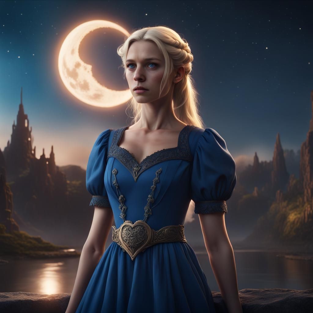 a blonde girl wearing a blue dress making a heart with the moon on the ...