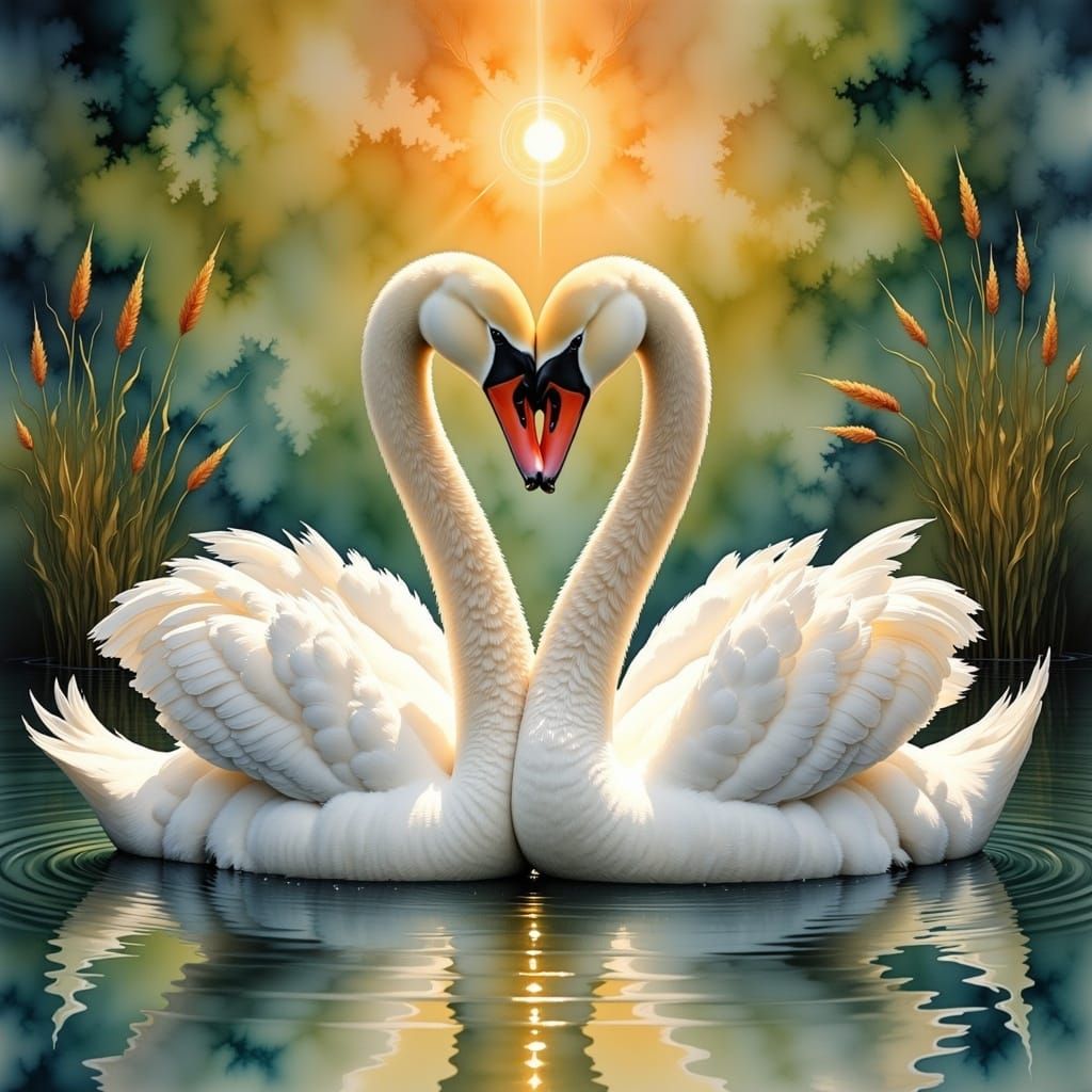 Pair of Swans, their necks forming a heart <lora:Alcohol Inks:1.0> 